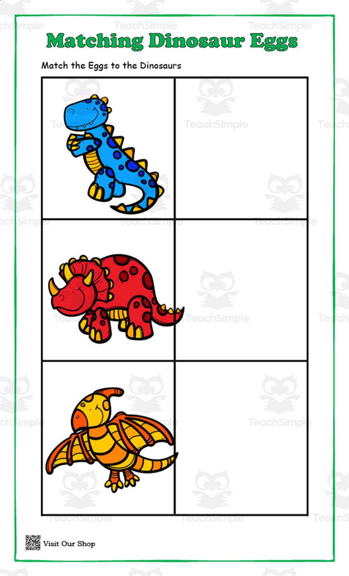 An educational teaching resource from KD's Kids School Shop entitled Dinosaur Egg Match downloadable at Teach Simple.
