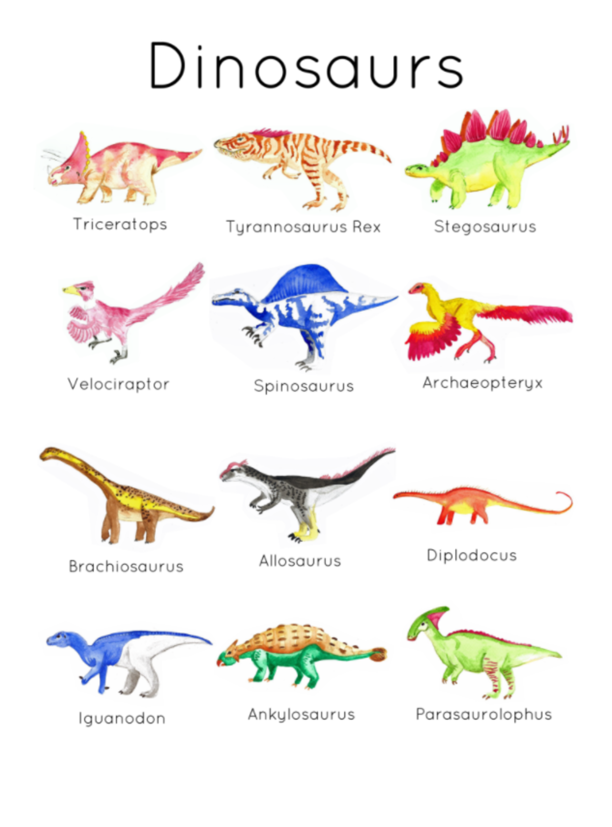 An educational teaching resource from Fiddleticks Education entitled Dinosaur Flash Cards – Watercolor Learning Set downloadable at Teach Simple.