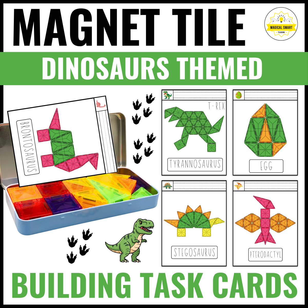 An educational teaching resource from Magical smart teaching entitled Dinosaur Magnetic Magnet Tile Task Cards Printables Building Activity downloadable at Teach Simple.