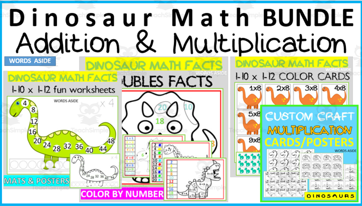 An educational teaching resource from WORDS ASIDE entitled Dinosaur Math Addition Multiplication BUNDLE downloadable at Teach Simple.