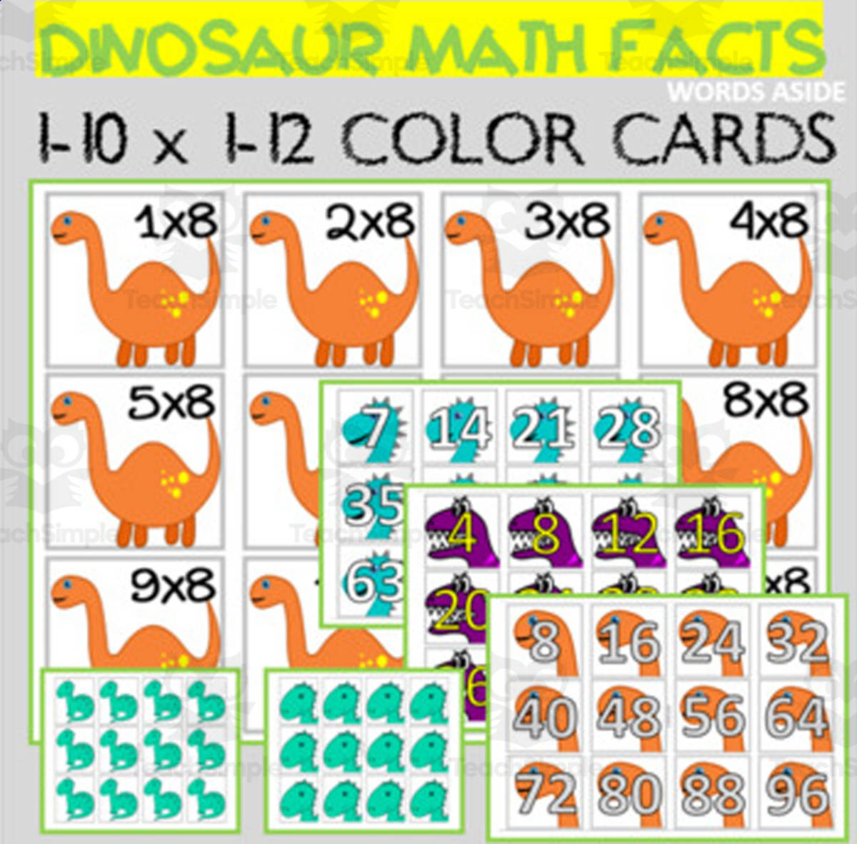 An educational teaching resource from WORDS ASIDE entitled Dinosaur Math Facts | Multiplication Cards {colored} downloadable at Teach Simple.