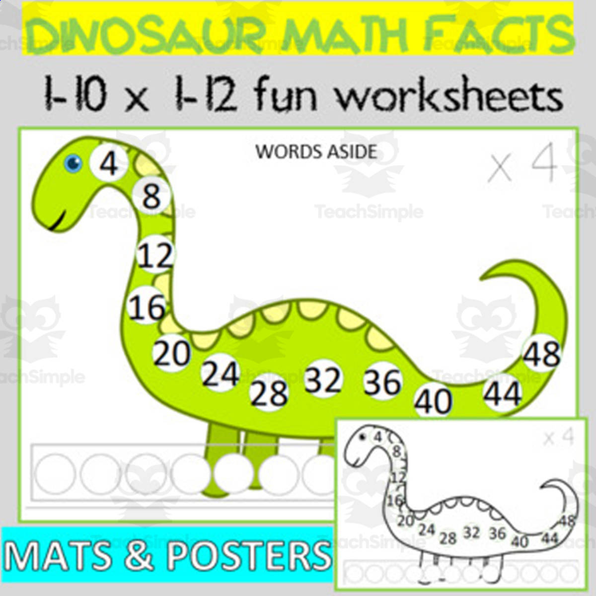 An educational teaching resource from WORDS ASIDE entitled DINOSAUR MATH FACTS MULTIPLICATION REPEATED ADDITION| WORKSHEETS MATS downloadable at Teach Simple.