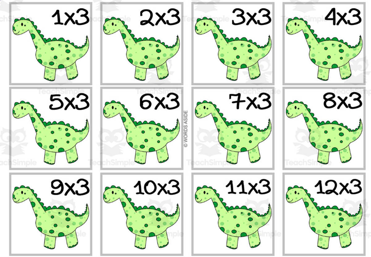 An educational teaching resource from WORDS ASIDE entitled Dinosaur Multiplication Colored Cards x3 downloadable at Teach Simple.