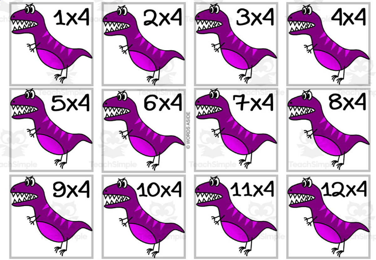An educational teaching resource from WORDS ASIDE entitled Dinosaur Multiplication Colored Cards x4 downloadable at Teach Simple.
