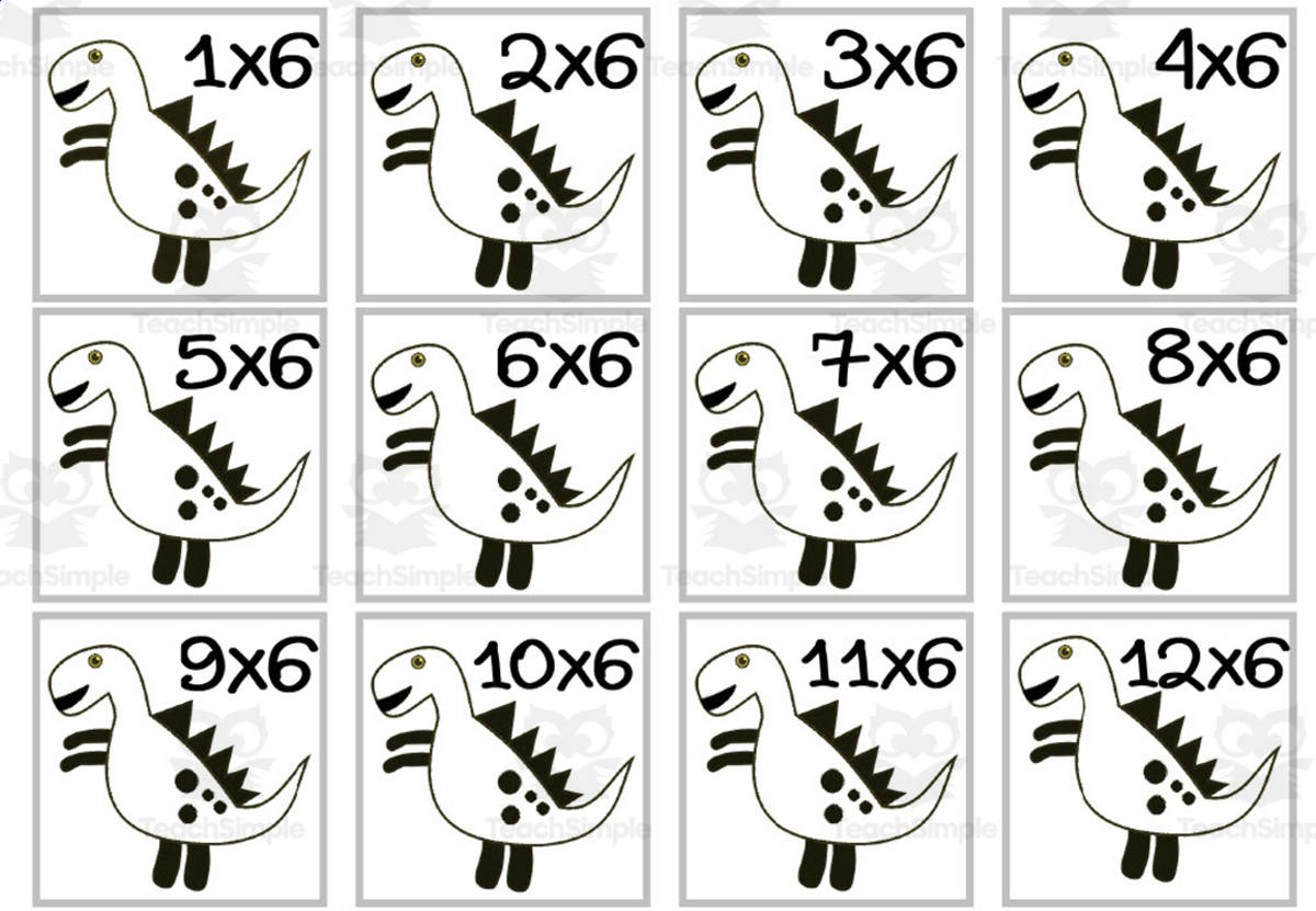 An educational teaching resource from WORDS ASIDE entitled Dinosaur Multiplication Custom Craft Cards x6 downloadable at Teach Simple.