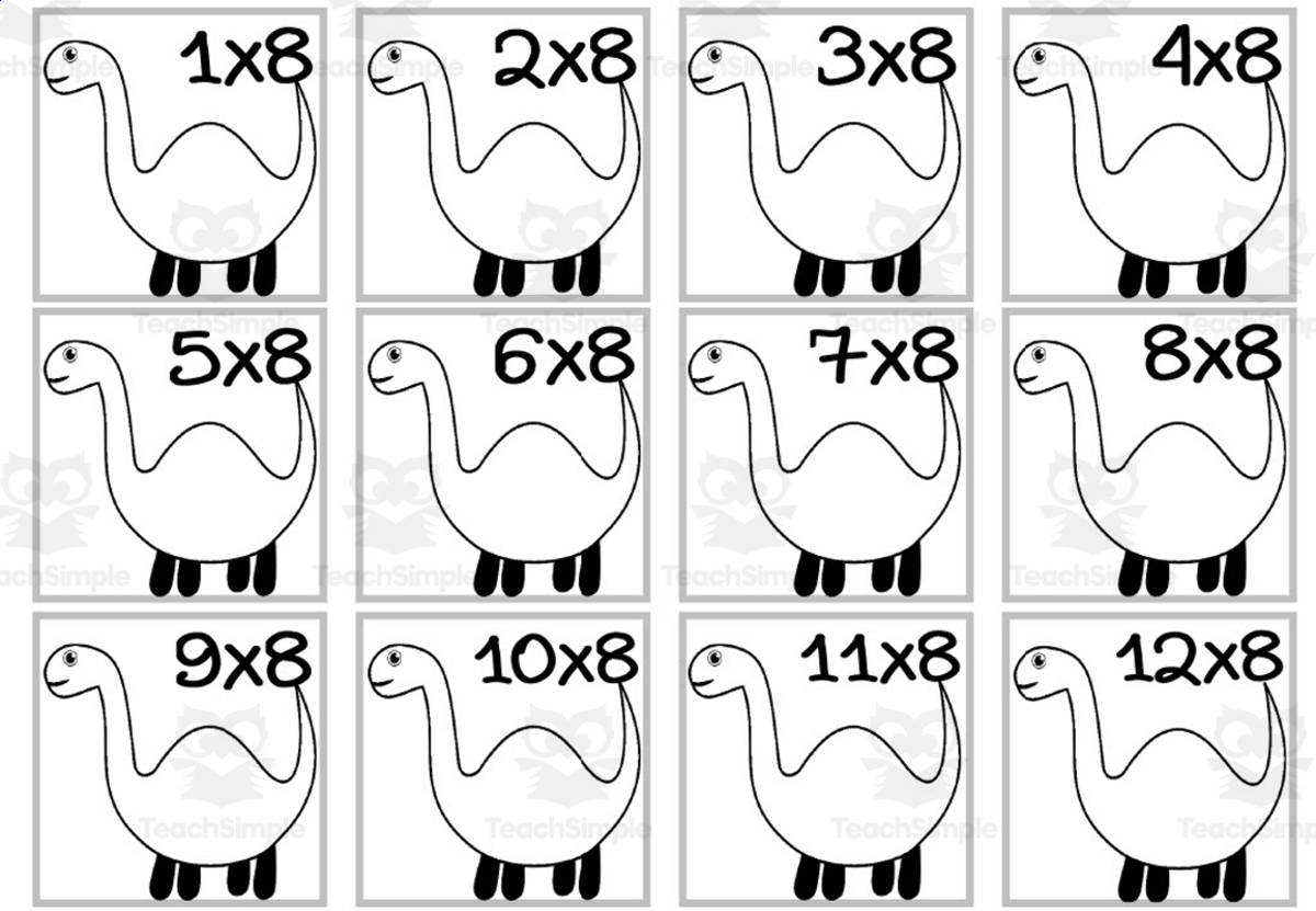 An educational teaching resource from WORDS ASIDE entitled Dinosaur Multiplication Custom Craft Cards x8 downloadable at Teach Simple.