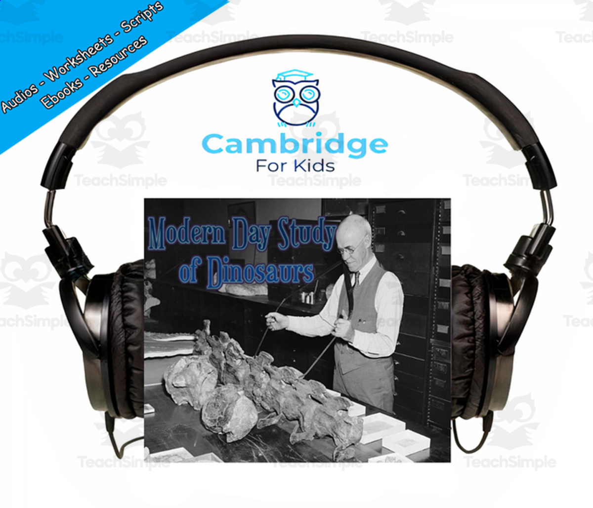 An educational teaching resource from Cambridge For Kids entitled Dinosaurs Comprehension Series | Episode 5: Modern Day Study of Dinosaurs | Audiobook downloadable at Teach Simple.