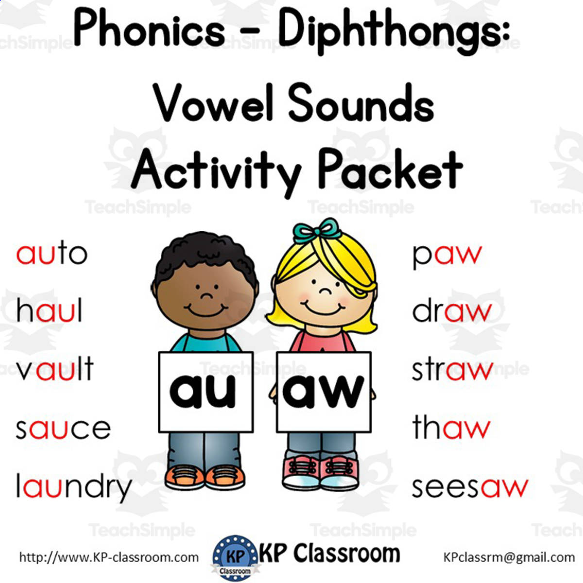 An educational teaching resource from KP Classroom entitled AU & AW Diphthong – Vowel Sounds Activity Packet downloadable at Teach Simple.