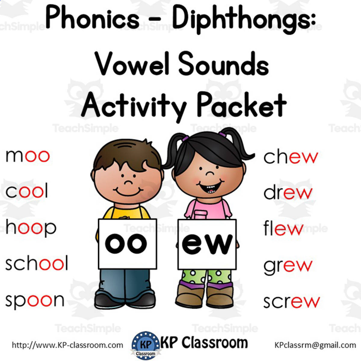 An educational teaching resource from KP Classroom entitled Diphthong OO EW Vowel Sounds Activity Packet and Worksheets downloadable at Teach Simple.