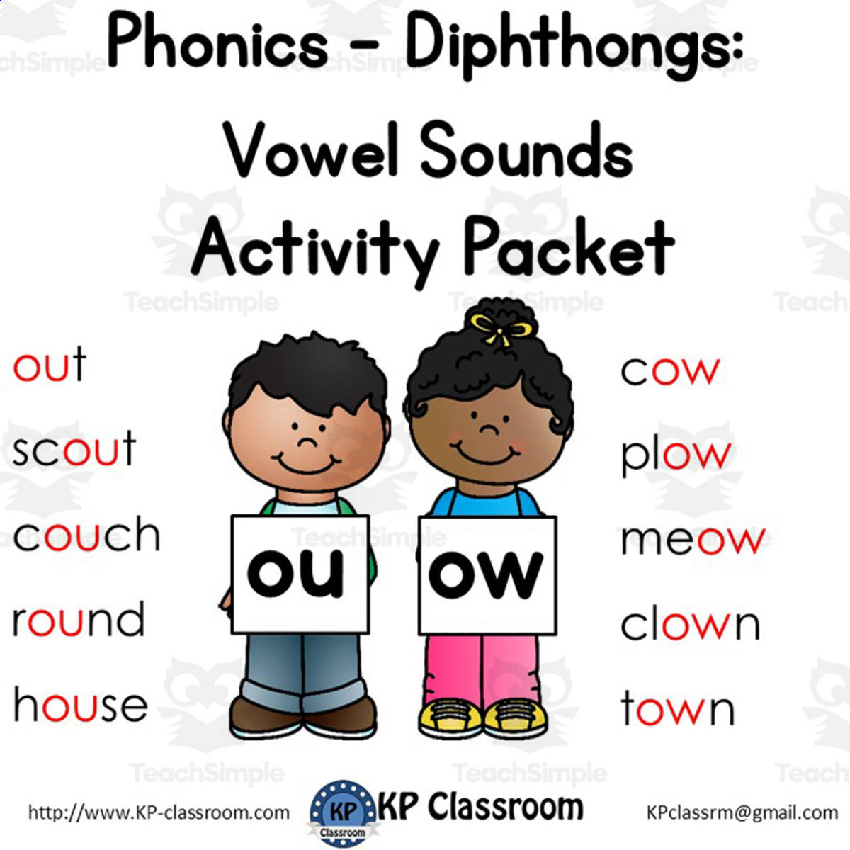 An educational teaching resource from KP Classroom entitled OU OW Diphthong – Phonics Activity Packet downloadable at Teach Simple.