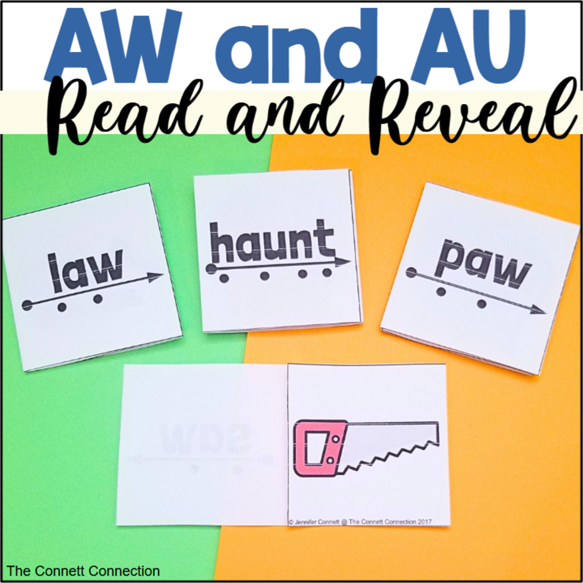 An educational teaching resource from The Connett Connection entitled Diphthongs AU and AW Words Read and Reveal Blending Cards downloadable at Teach Simple.
