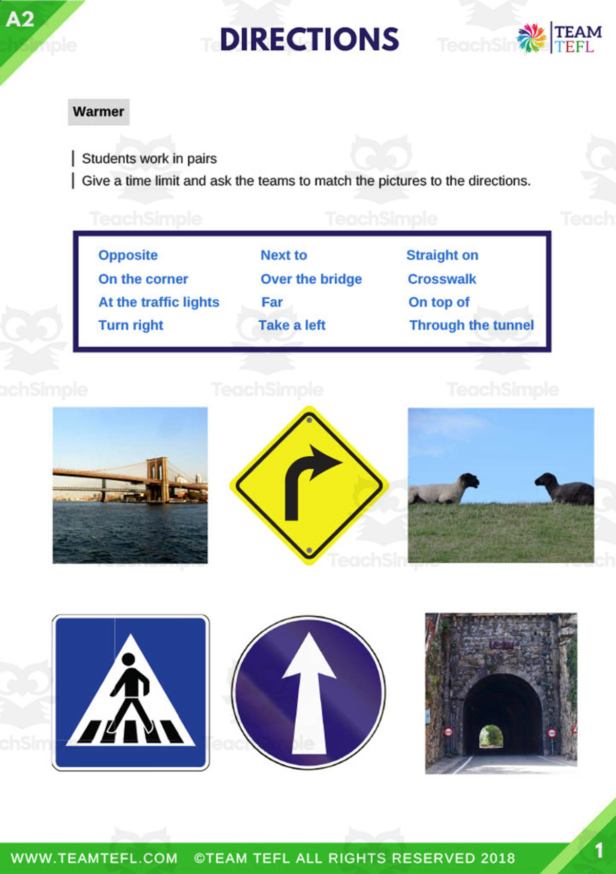 An educational teaching resource from TEAM TEFL entitled Directions Pre Intermediate ESL ELL ELA Lesson Plan downloadable at Teach Simple.