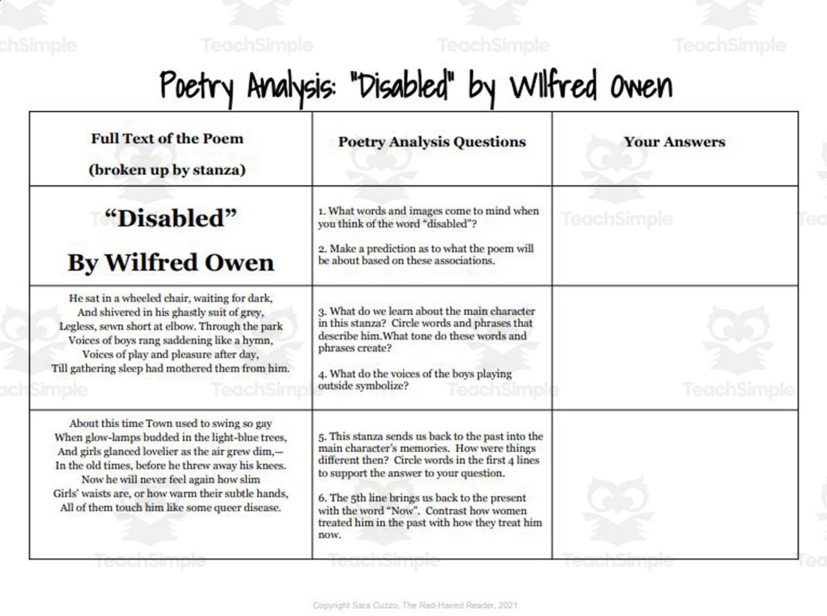 An educational teaching resource from The Red-Haired Reader entitled Disabled by Wilfred Owen stanza-by-stanza poetry analysis questions- Google Doc! downloadable at Teach Simple.