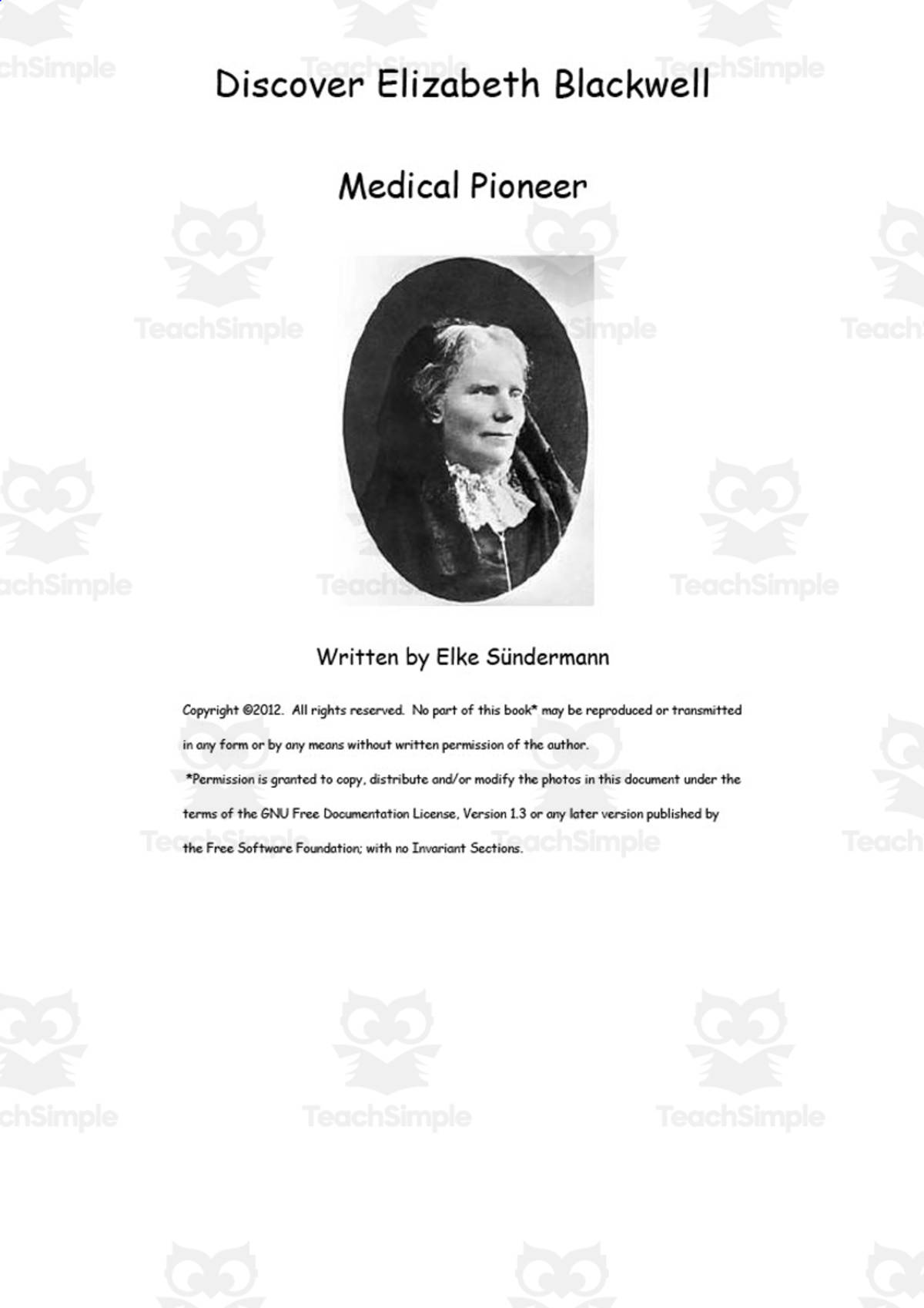 An educational teaching resource from Anyone Can Learn entitled Discover Elizabeth Blackwell, Medical Pioneer eBook downloadable at Teach Simple.