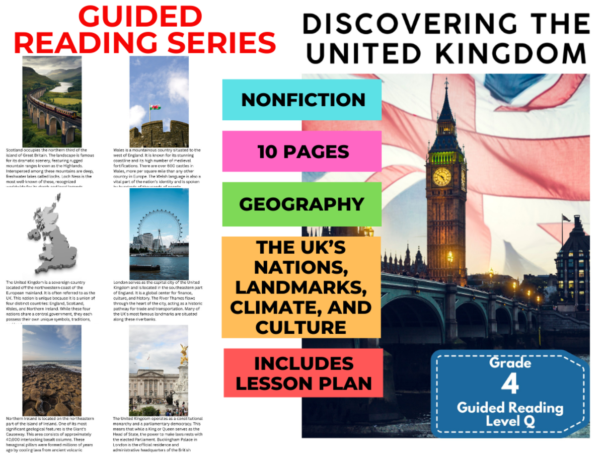 An educational teaching resource from Cored Education entitled Discovering United Kingdom: Guided Reading Level Q with Lesson Plan downloadable at Teach Simple.