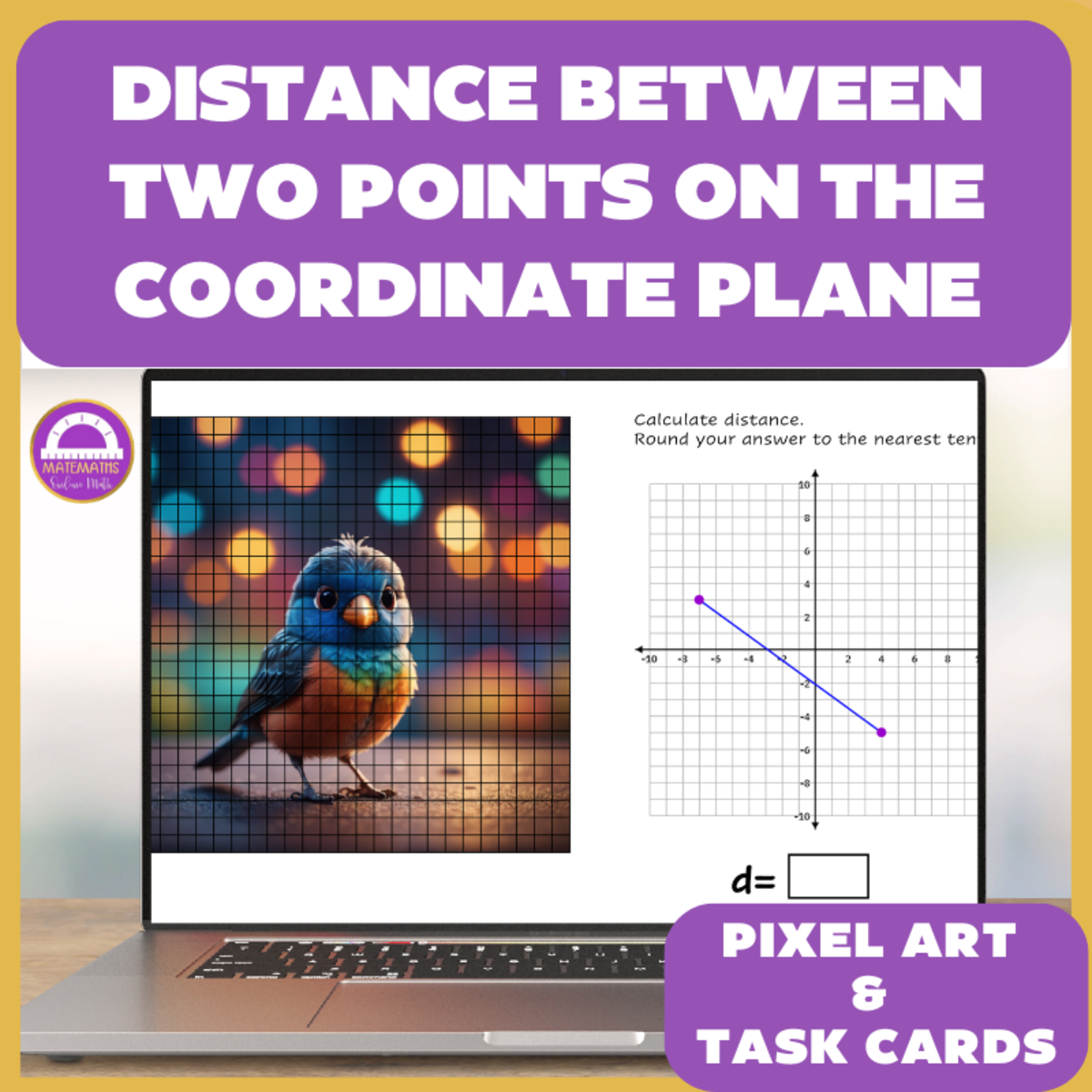 An educational teaching resource from Matemaths entitled Distance Between Two Points on the Coordinate Plane Pixel Art downloadable at Teach Simple.