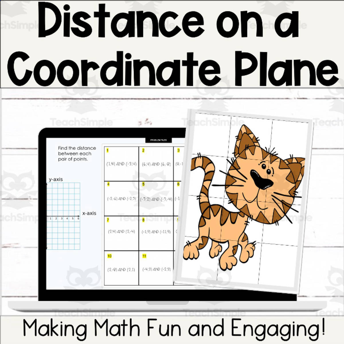 An educational teaching resource from Digitally Yours Shop entitled Distance on a Coordinate Plane Self-Checking Picture Puzzle Activity downloadable at Teach Simple.