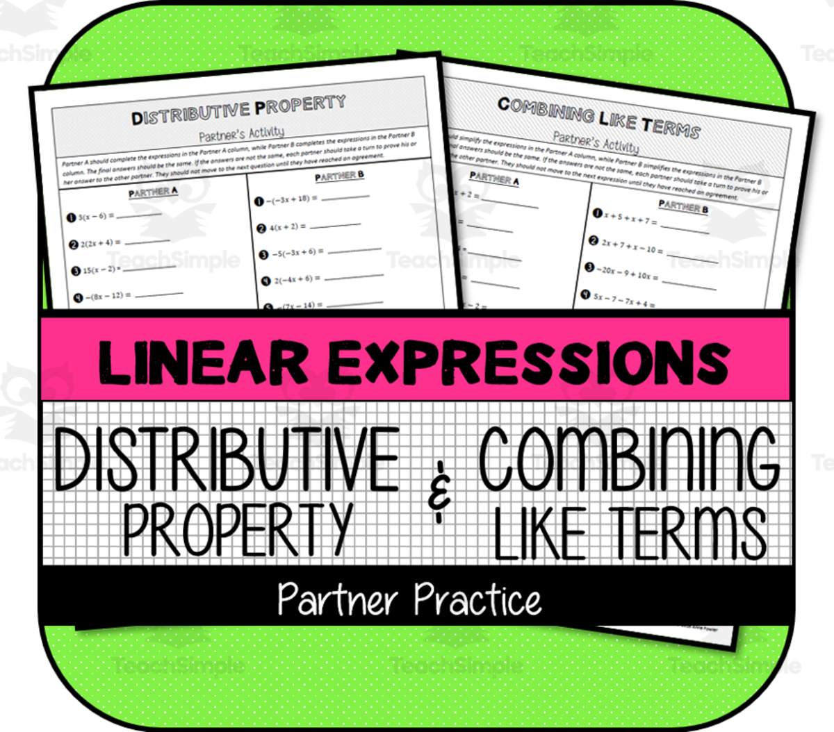 An educational teaching resource from The Math Cafe entitled Distributive Property & Combining Like Terms Partner Activity downloadable at Teach Simple.