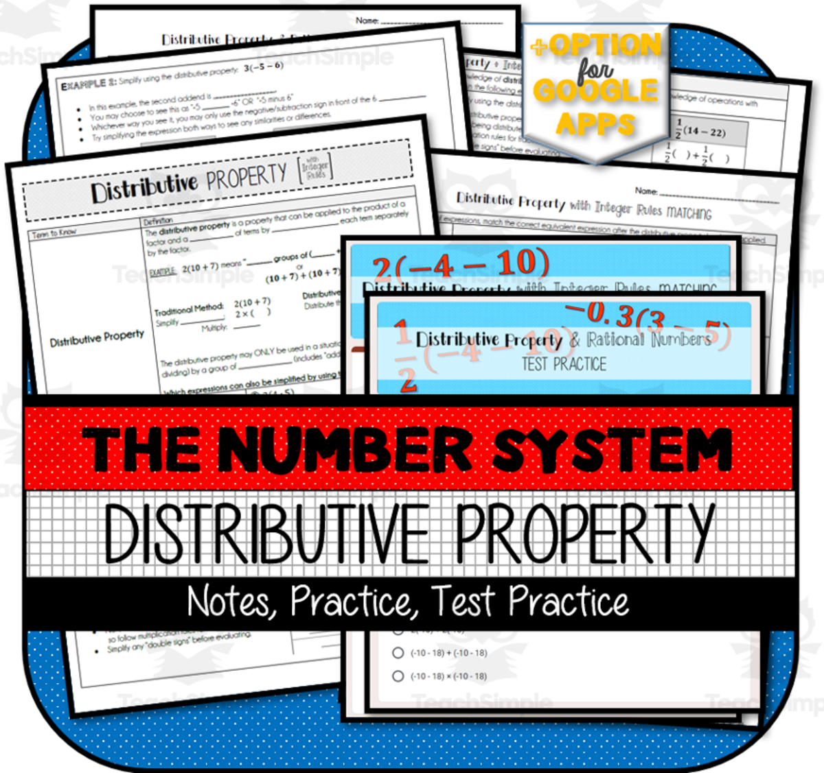 An educational teaching resource from The Math Cafe entitled Distributive Property with Rational Numbers NOTES & PRACTICE downloadable at Teach Simple.