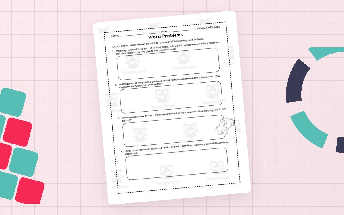 An educational teaching resource from At the Core entitled Distributive Property Word Problems – 8-Problem Set downloadable at Teach Simple.