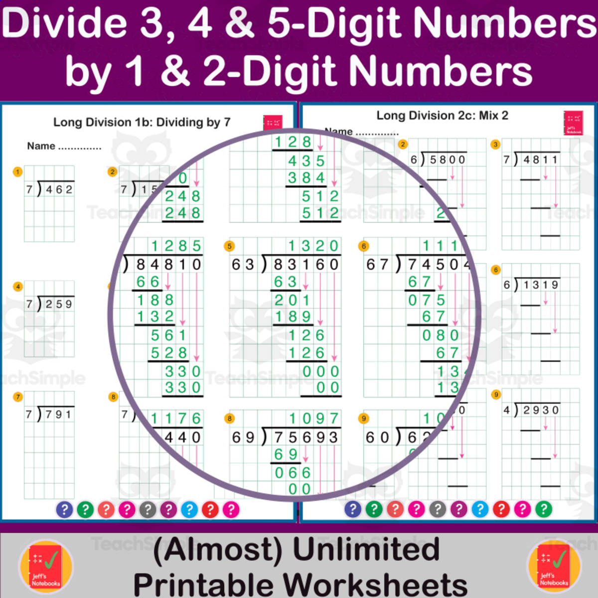 An educational teaching resource from Jeff's Notebooks entitled Divide 3,4,5-digit numbers by 1 & 2-digit numbers downloadable at Teach Simple.