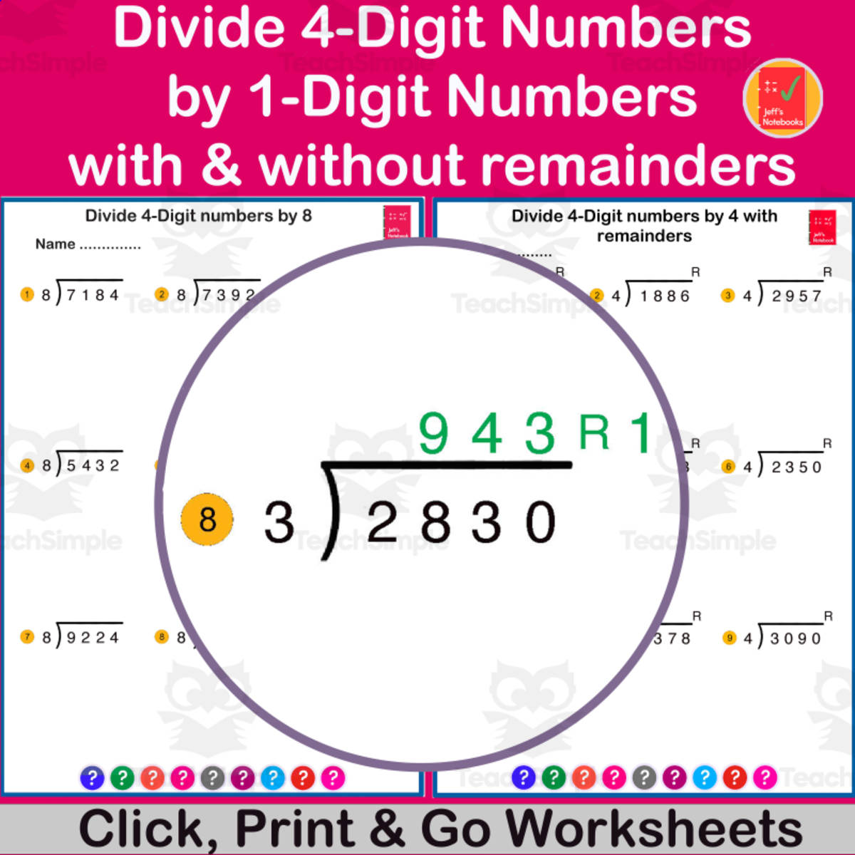 An educational teaching resource from Jeff's Notebooks entitled Divide 4-digit by 1-digit numbers with or without remainders downloadable at Teach Simple.