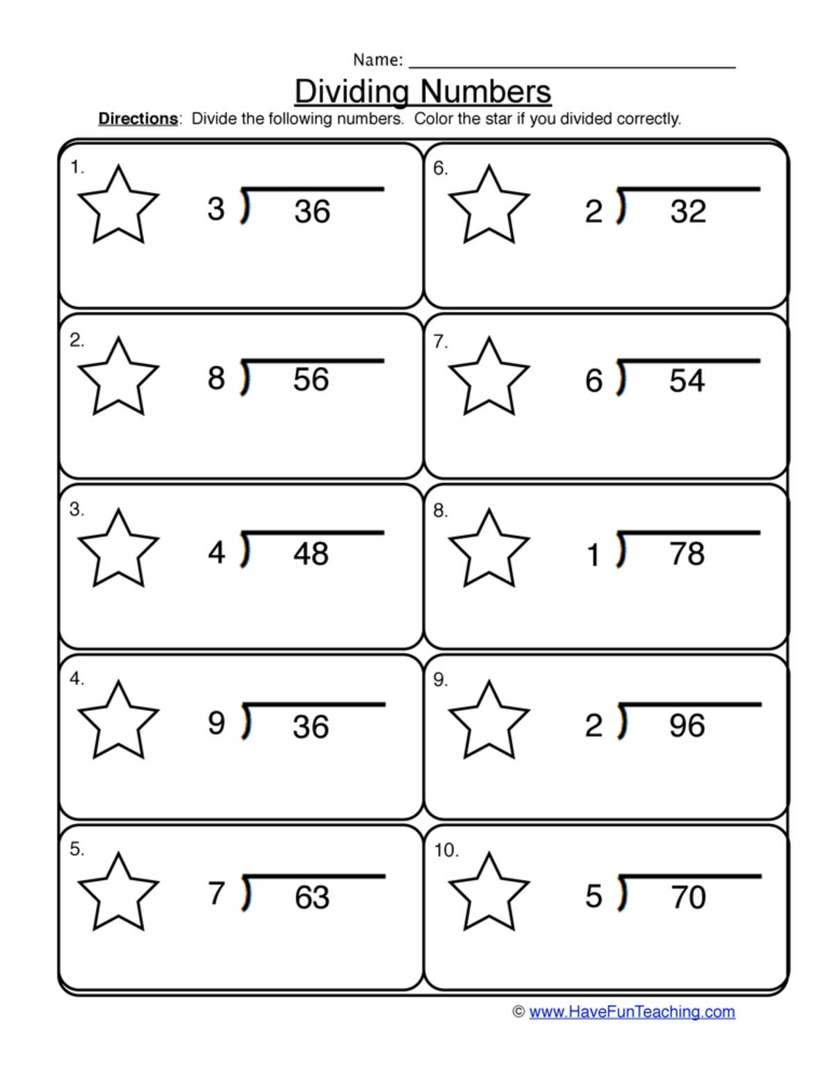 An educational teaching resource from Have Fun Teaching entitled Dividing 1 into 2 Digit Worksheet downloadable at Teach Simple.