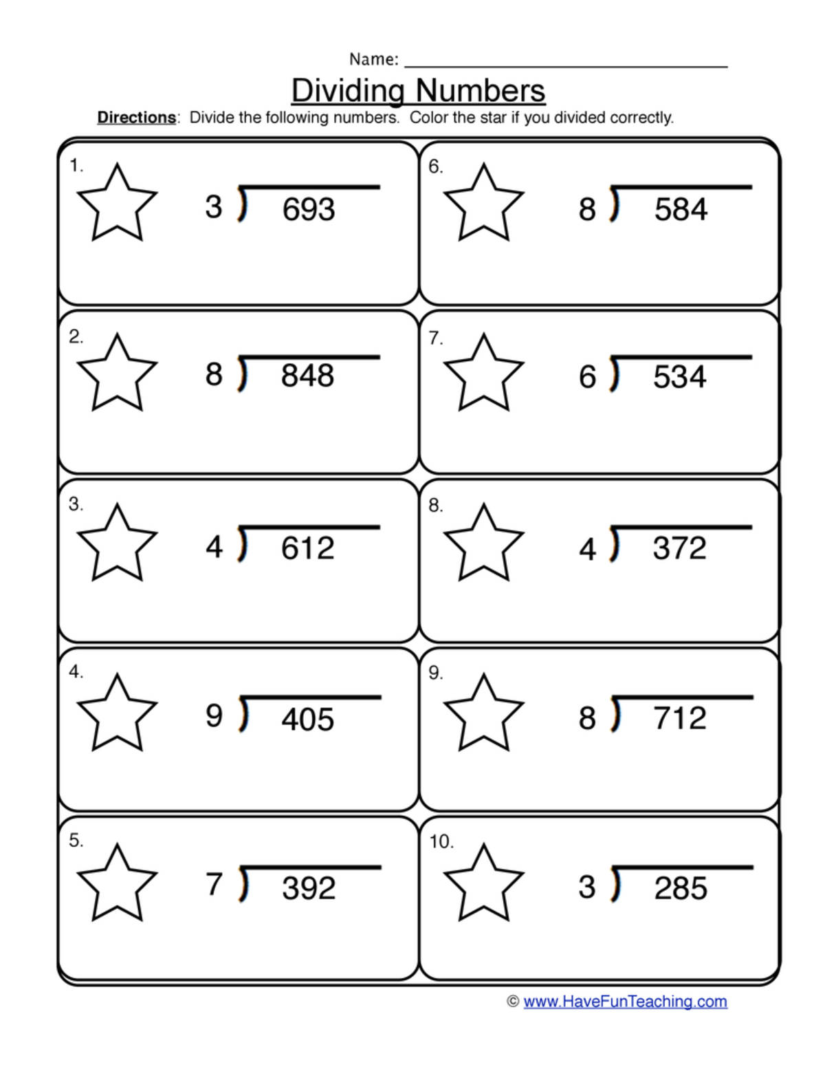 An educational teaching resource from Have Fun Teaching entitled Dividing 1 into 3 Digit Worksheet downloadable at Teach Simple.