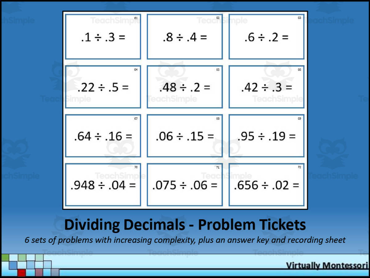 An educational teaching resource from Virtually Montessori entitled Dividing Decimals - Problem Tickets downloadable at Teach Simple.