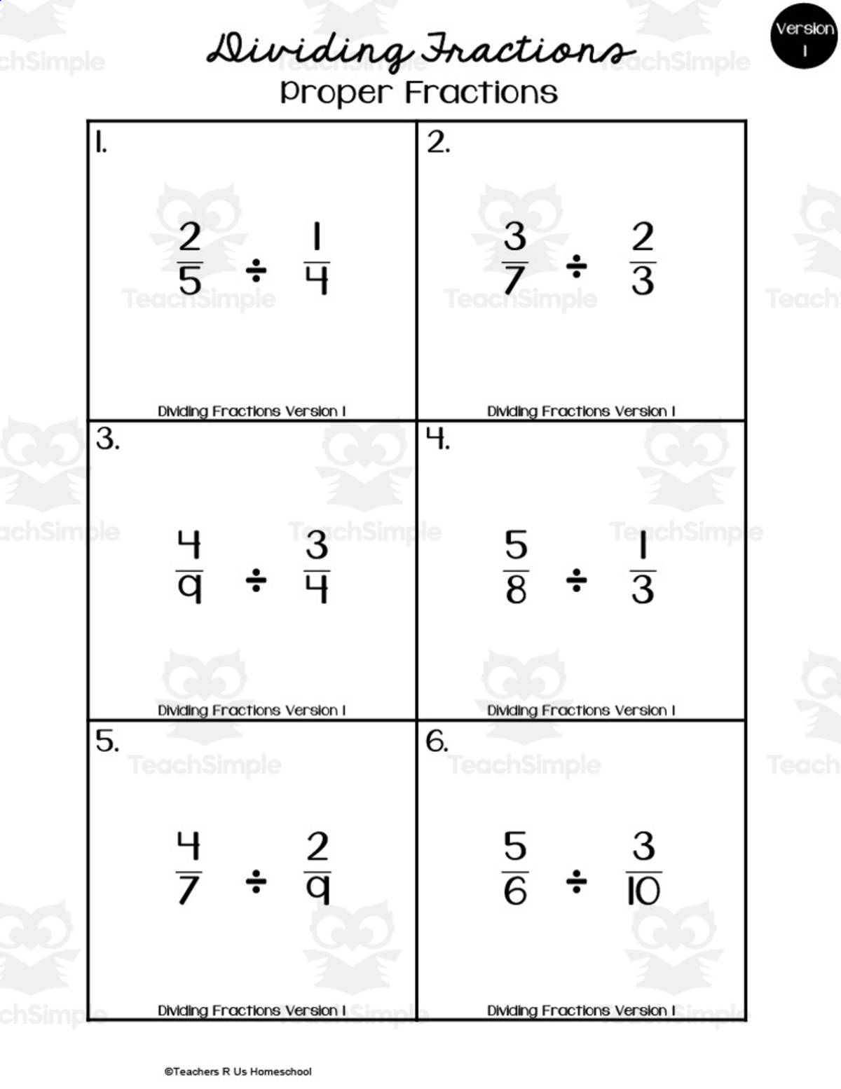 An educational teaching resource from Teachers R Us Homeschool entitled Dividing Fractions | Math Worksheet downloadable at Teach Simple.