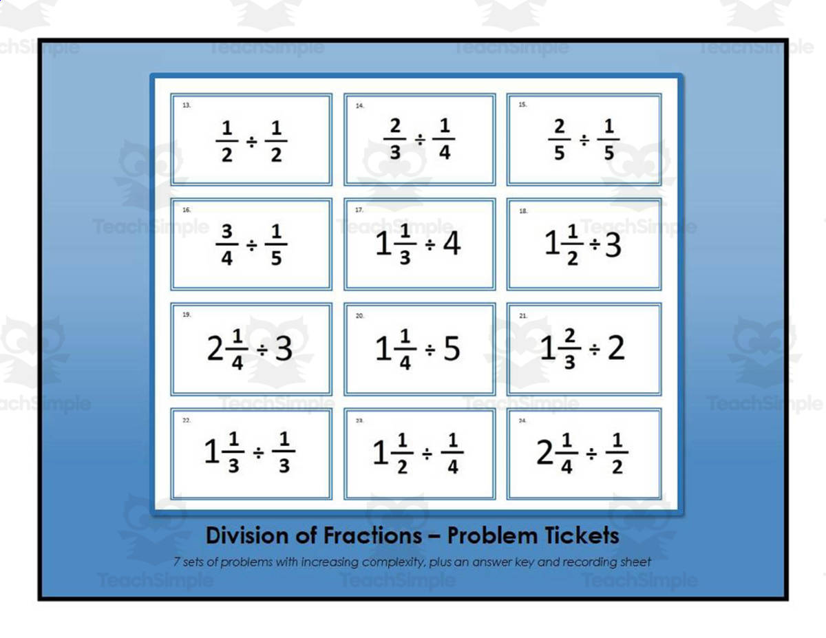 An educational teaching resource from Virtually Montessori entitled Dividing Fractions - Problem Tickets downloadable at Teach Simple.