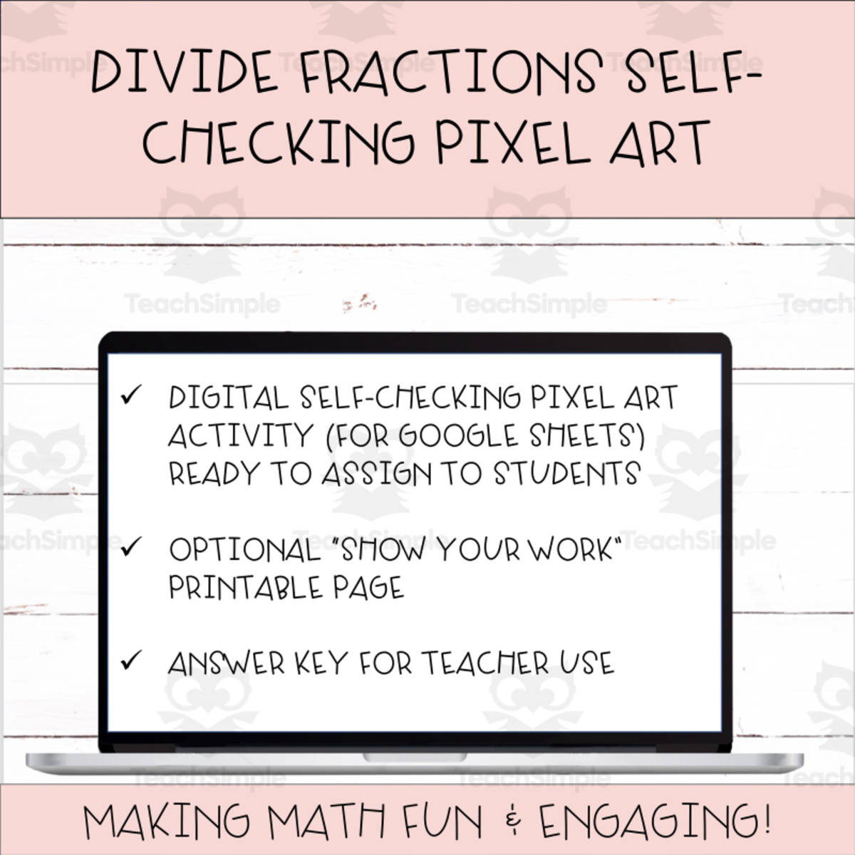 An educational teaching resource from Digitally Yours Shop entitled Dividing Fractions Self Checking Digital Activity downloadable at Teach Simple.