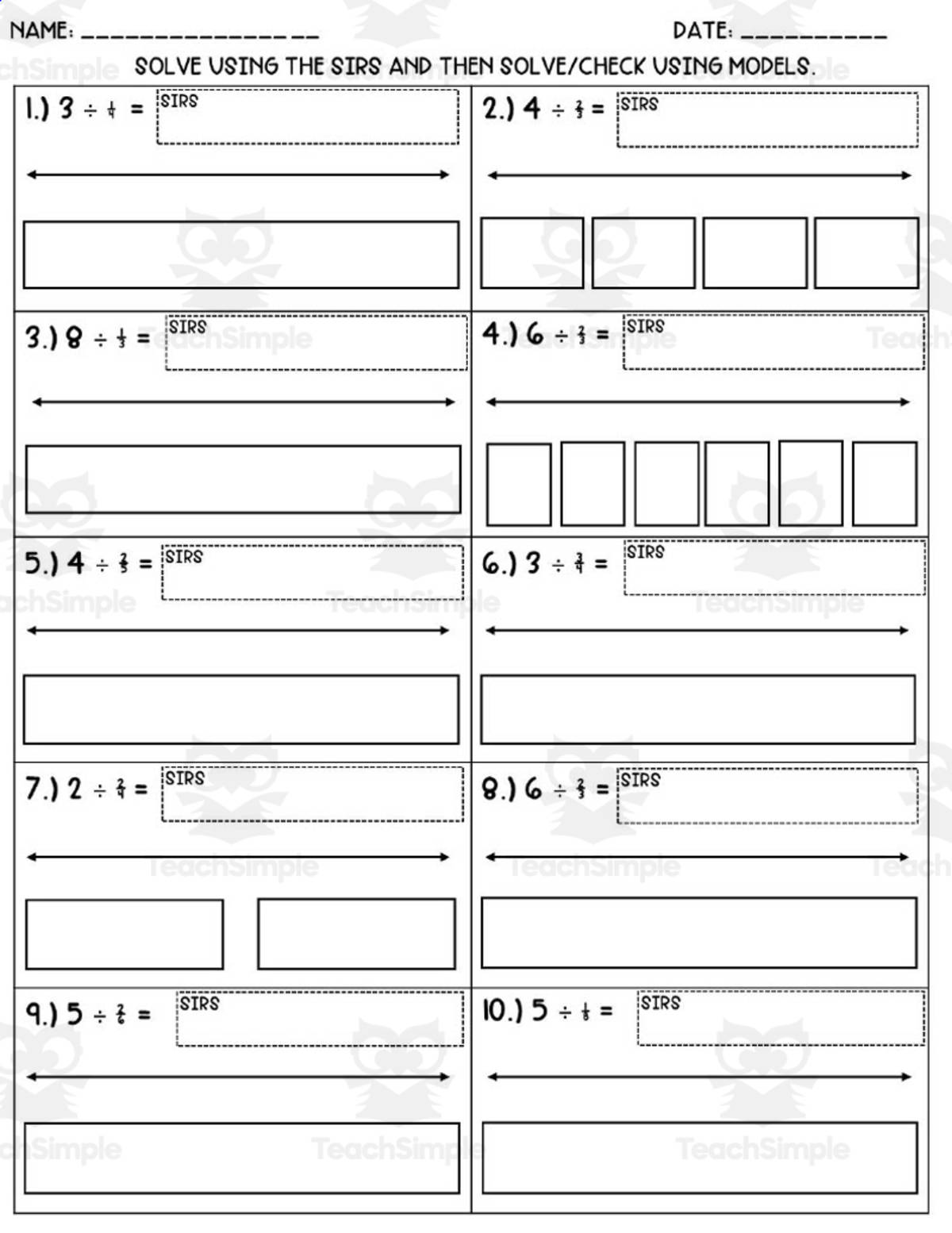 An educational teaching resource from Teaching on the Island entitled Dividing Fractions Worksheets – 5-Page Practice Set downloadable at Teach Simple.