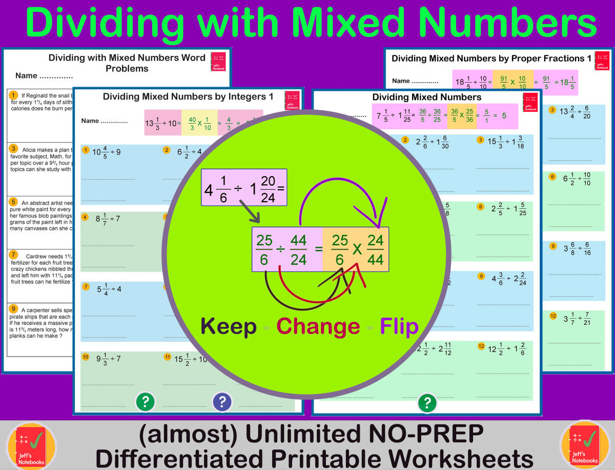 An educational teaching resource from Jeff's Notebooks entitled Dividing Mixed Numbers / Mixed Fractions downloadable at Teach Simple.