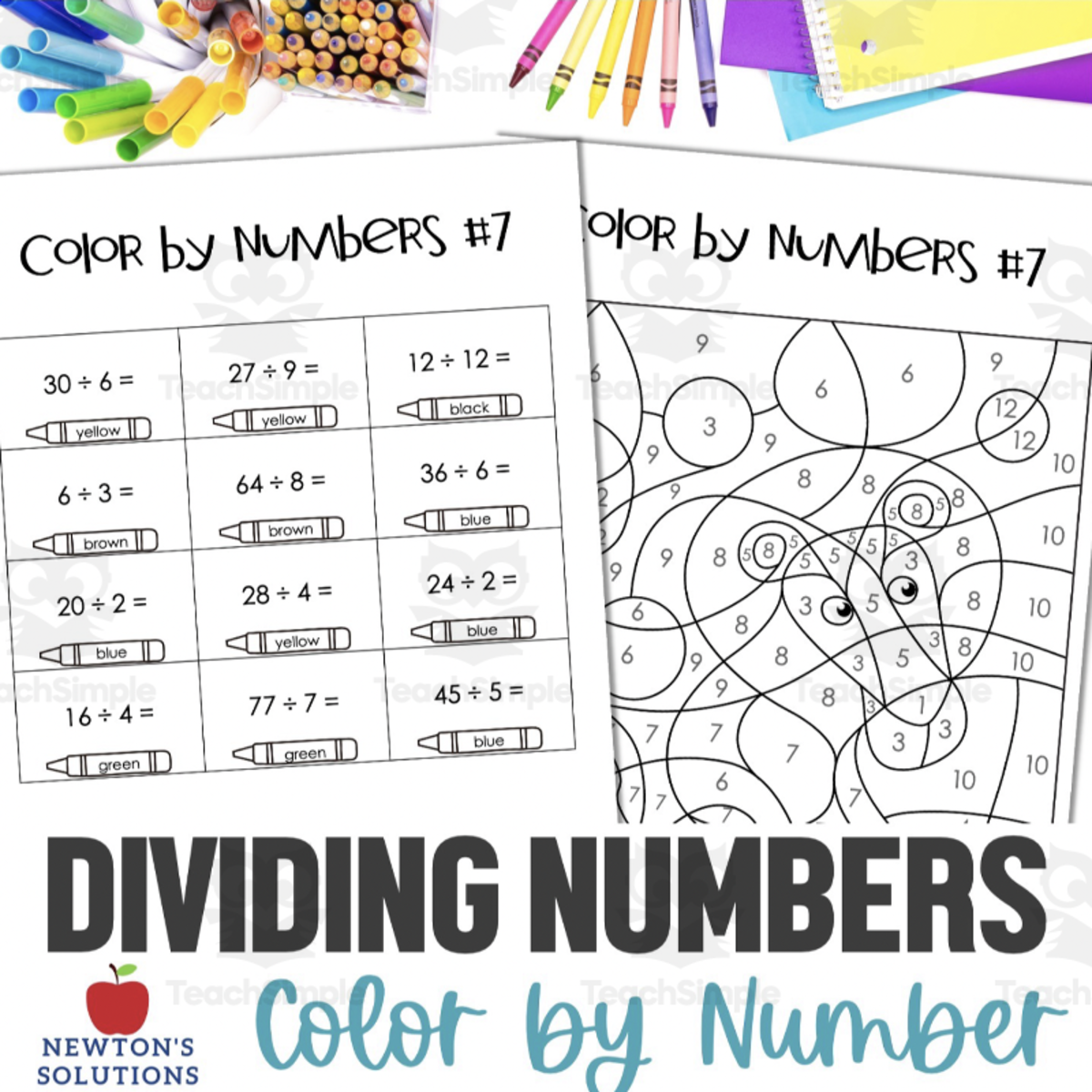 An educational teaching resource from Newtons Solutions entitled Dividing Numbers Color by Number Worksheet downloadable at Teach Simple.