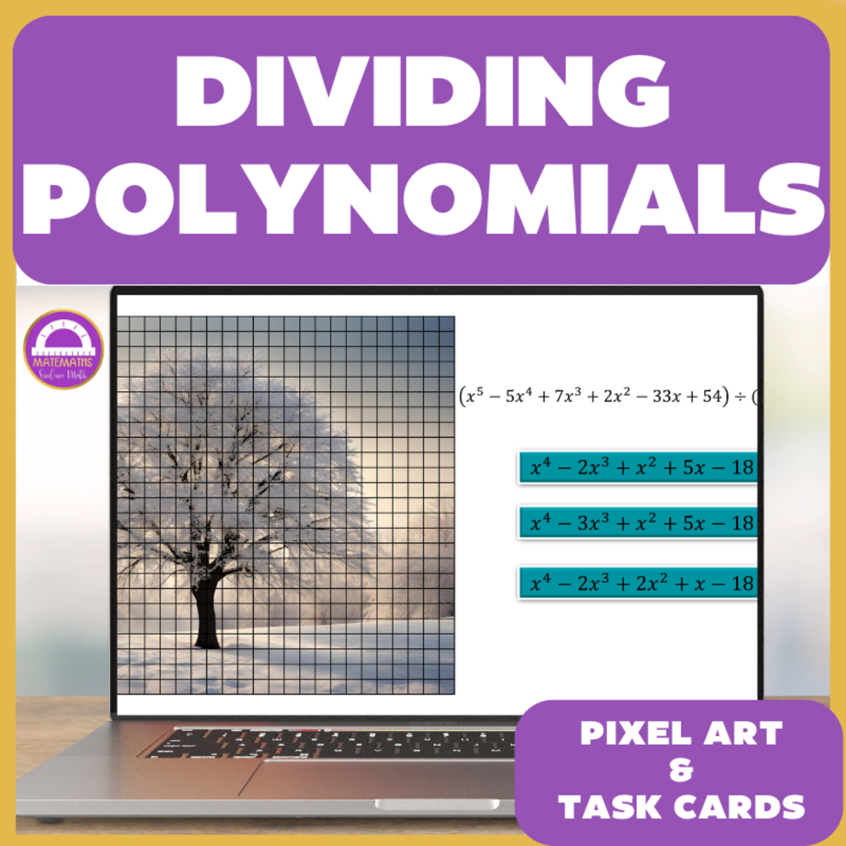 An educational teaching resource from Matemaths entitled Dividing Polynomials Pixel Art and Printable Task Cards & Worksheets downloadable at Teach Simple.