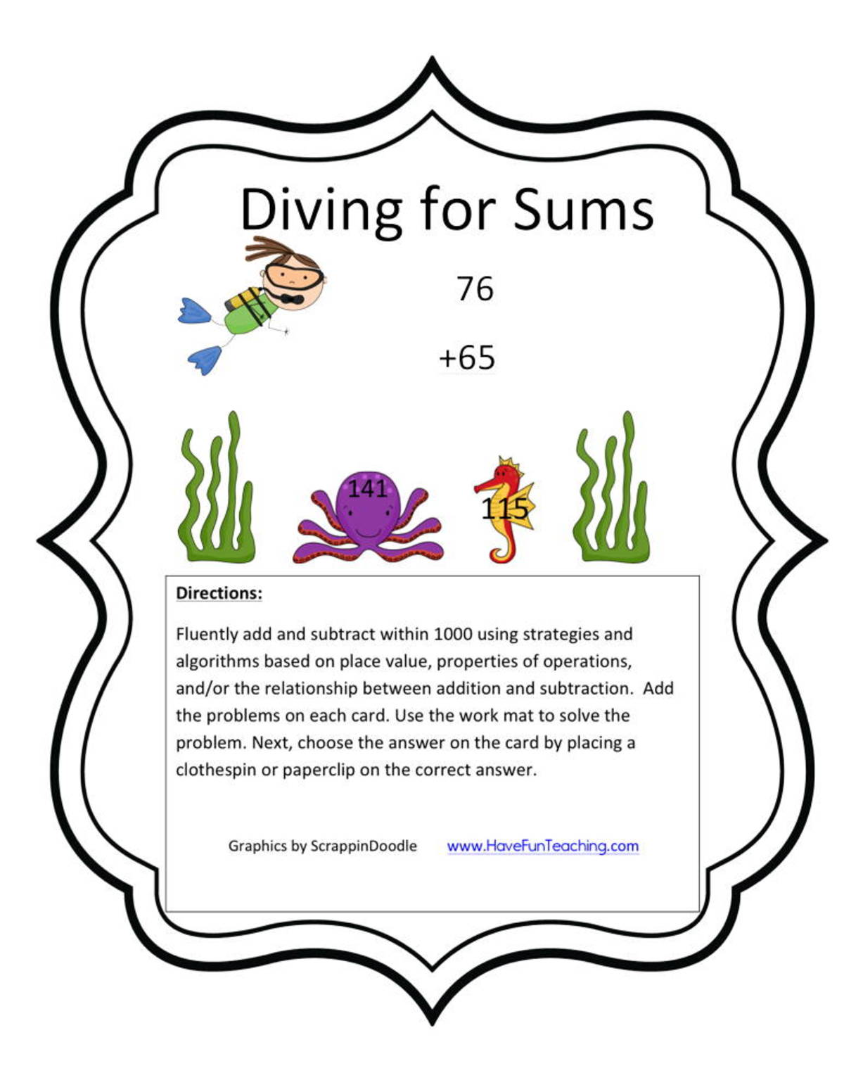 An educational teaching resource from Have Fun Teaching entitled Diving for Sums Add Subtract Within 1000 Activity downloadable at Teach Simple.