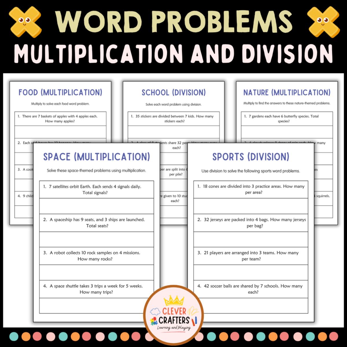 An educational teaching resource from Clever Crafters entitled Division and Multiplication Word Problems Math Worksheets for Grade 2 downloadable at Teach Simple.
