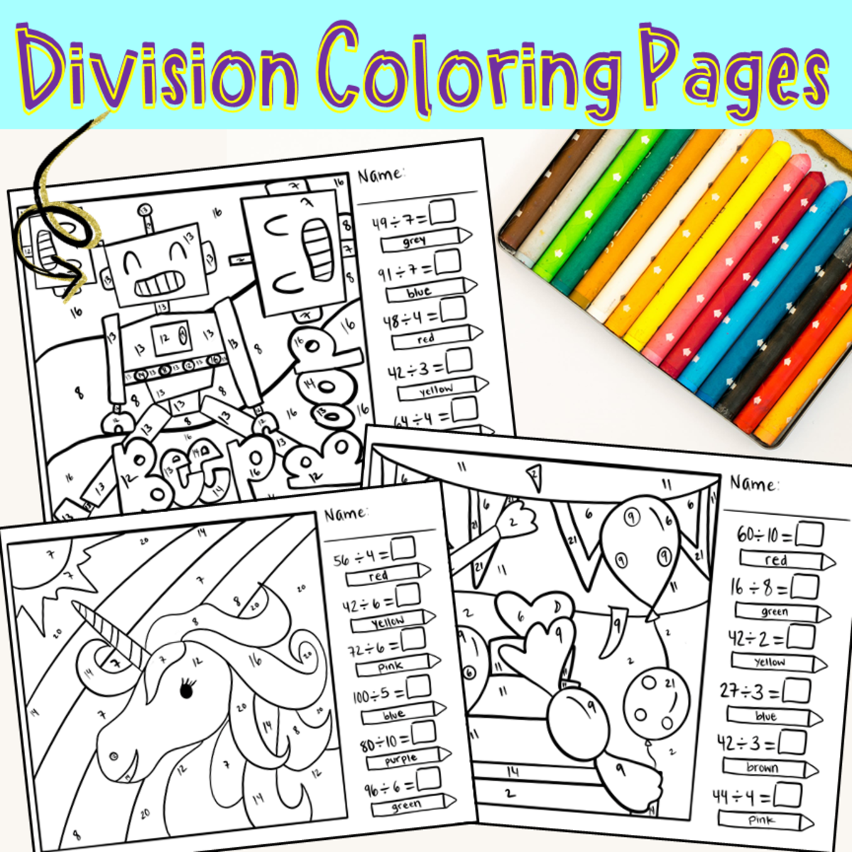 An educational teaching resource from Soumara Siddiqui entitled Division Coloring Pages – Themed Practice Set downloadable at Teach Simple.