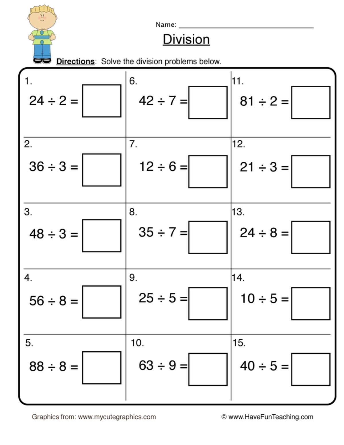 An educational teaching resource from Have Fun Teaching entitled Division Fast Facts Worksheet downloadable at Teach Simple.