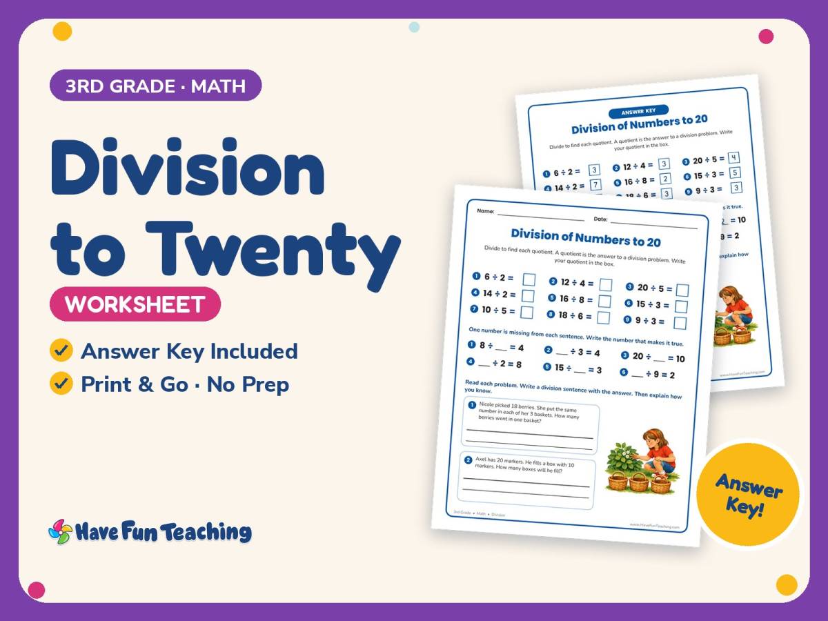 Division to Twenty Worksheet – 3rd Grade Math Practice + Answer Key preview