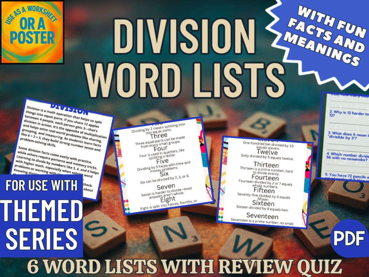 An educational teaching resource from Cored Education entitled Division Word List Posters (PDF) downloadable at Teach Simple.