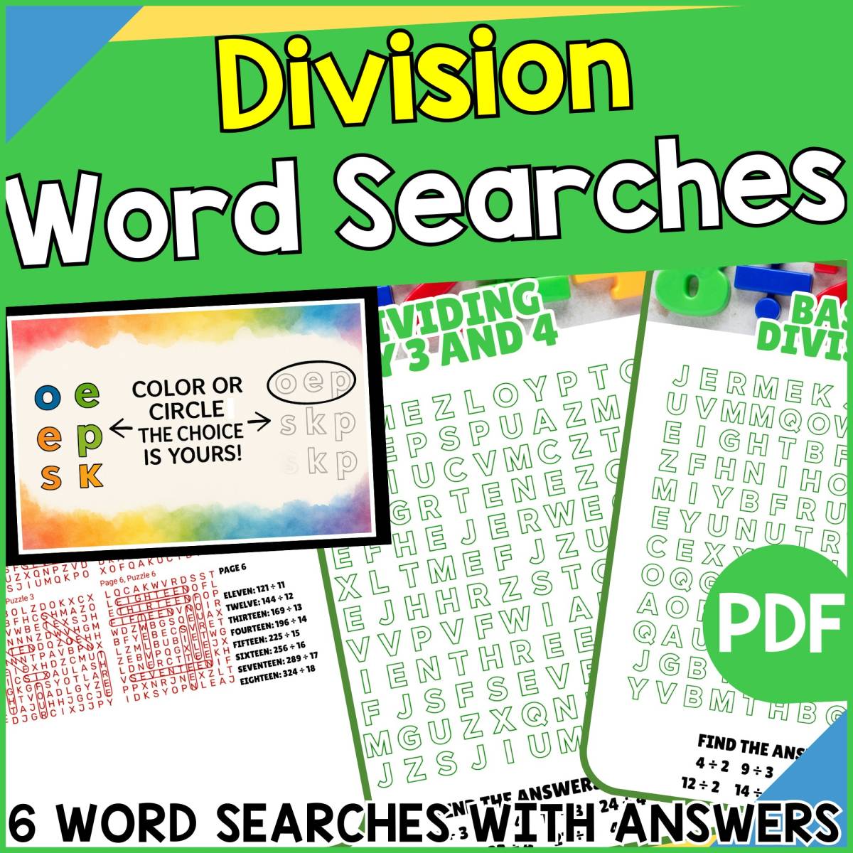 An educational teaching resource from Cored Education entitled Division Word Searches (PDF) downloadable at Teach Simple.
