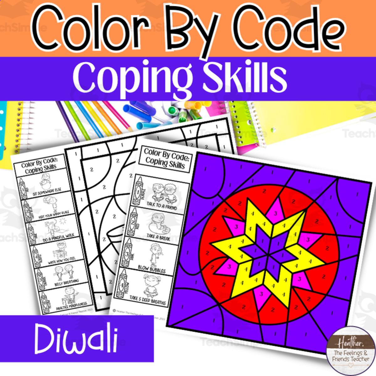 An educational teaching resource from The Feelings and Friends Teacher entitled Diwali Color By Code Coping Skills Activities | Diwali Color By Number downloadable at Teach Simple.