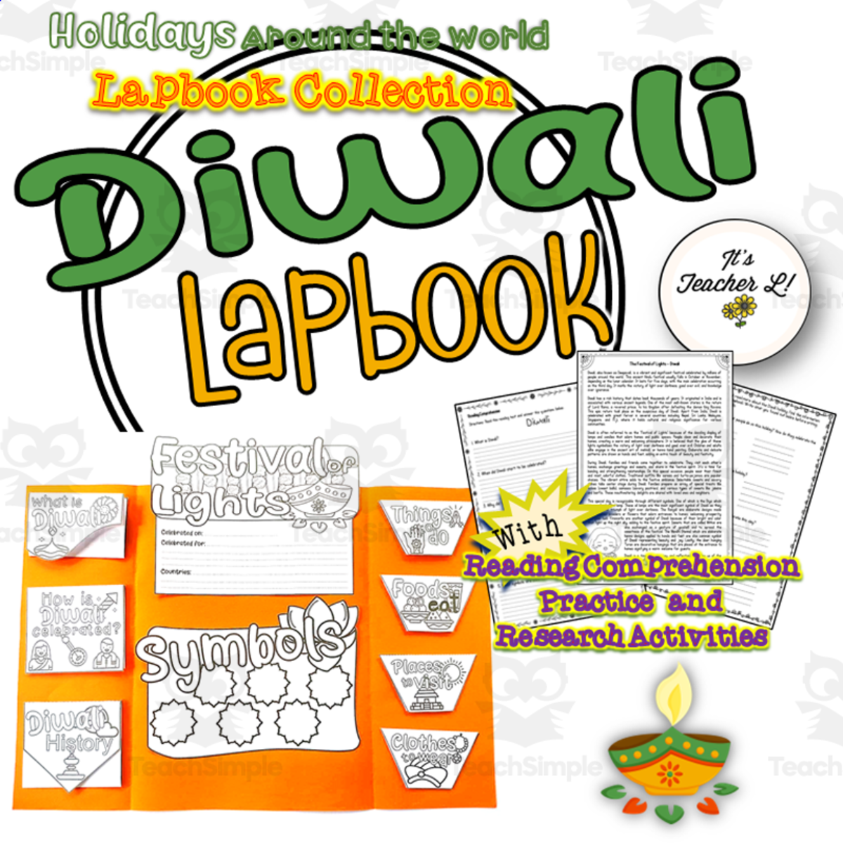 An educational teaching resource from It's Teacher L entitled Diwali | Deepavali Lapbook with Reading Comprehension Activities downloadable at Teach Simple.