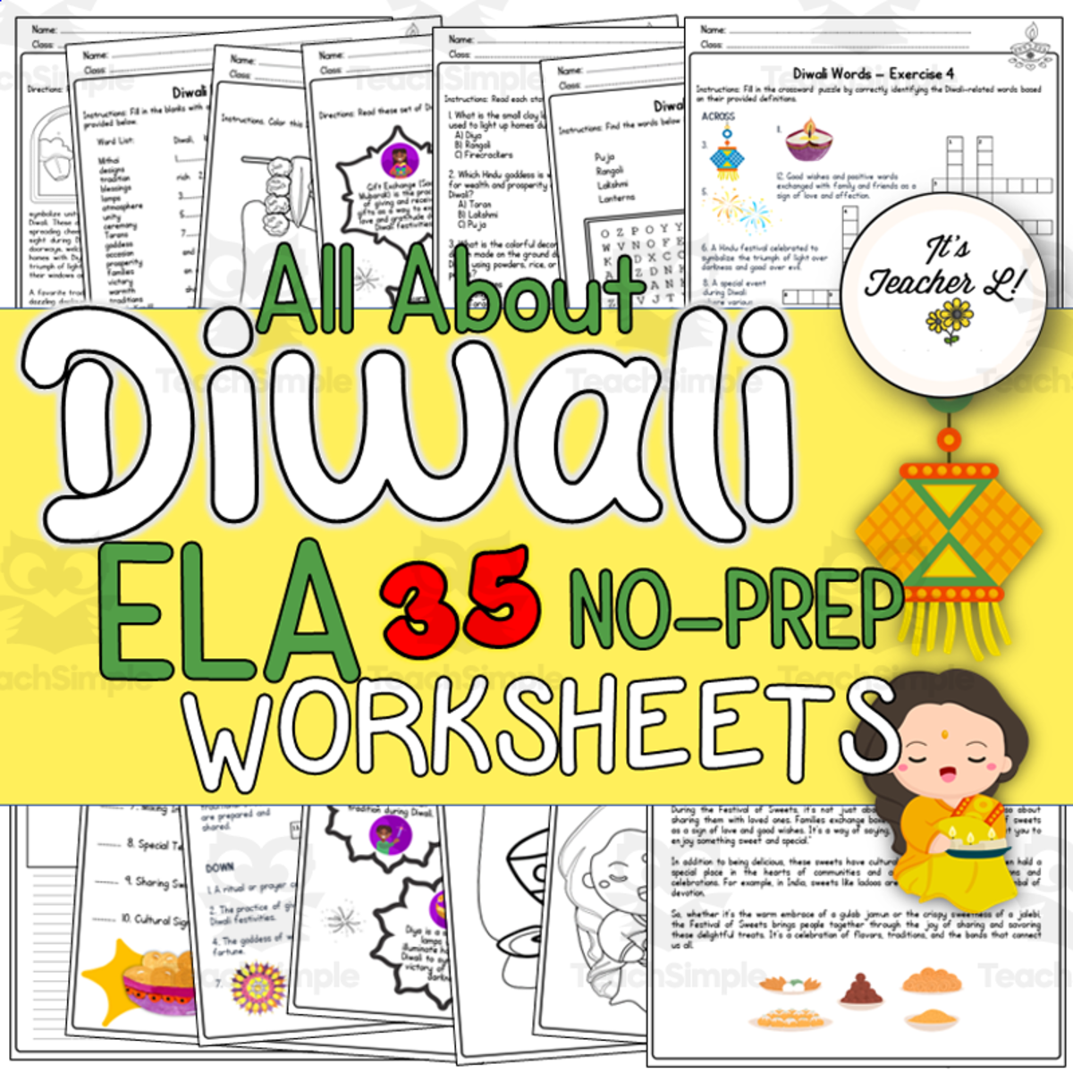 An educational teaching resource from It's Teacher L entitled Diwali | Deepavali No-Prep ELA Worksheets downloadable at Teach Simple.