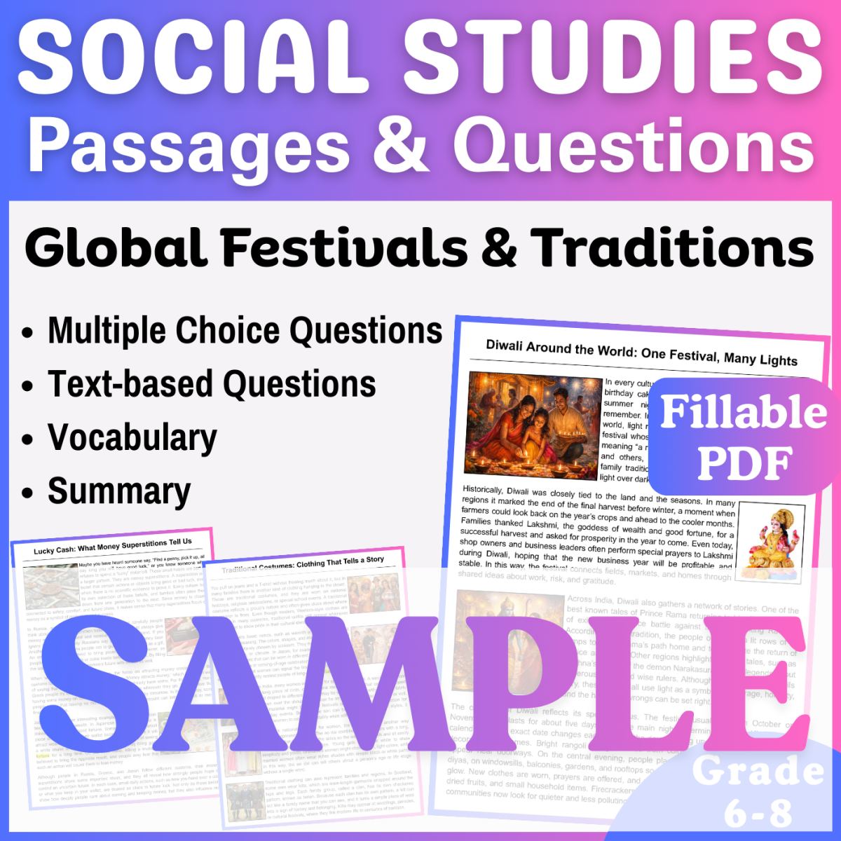 An educational teaching resource from CORED Education - Middle & High School entitled Diwali: SAMPLE Social Studies Reading Passage (Fillable PDF) downloadable at Teach Simple.