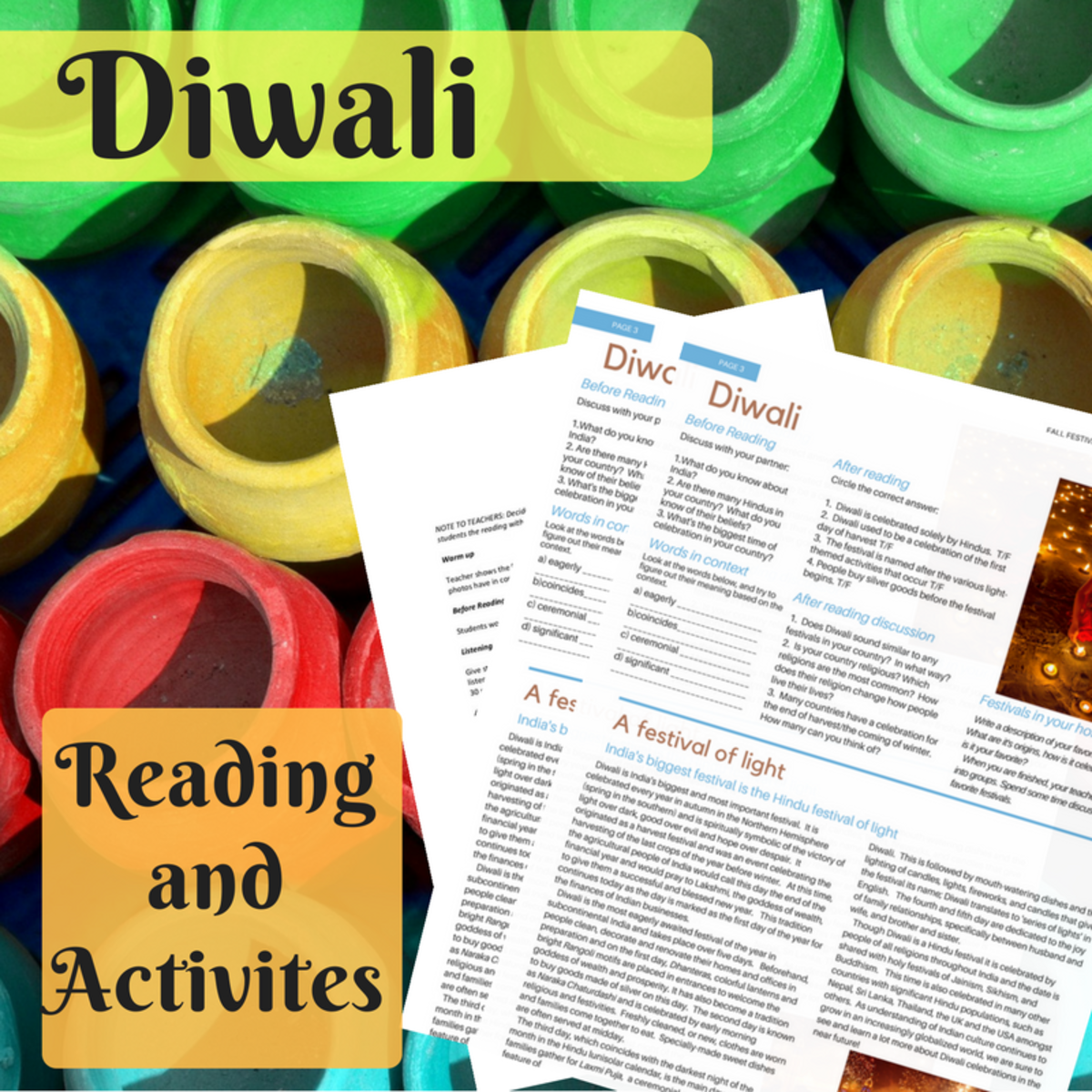 An educational teaching resource from The Laughing Linguist entitled Diwali Worksheets for High-School & ESL Students downloadable at Teach Simple.