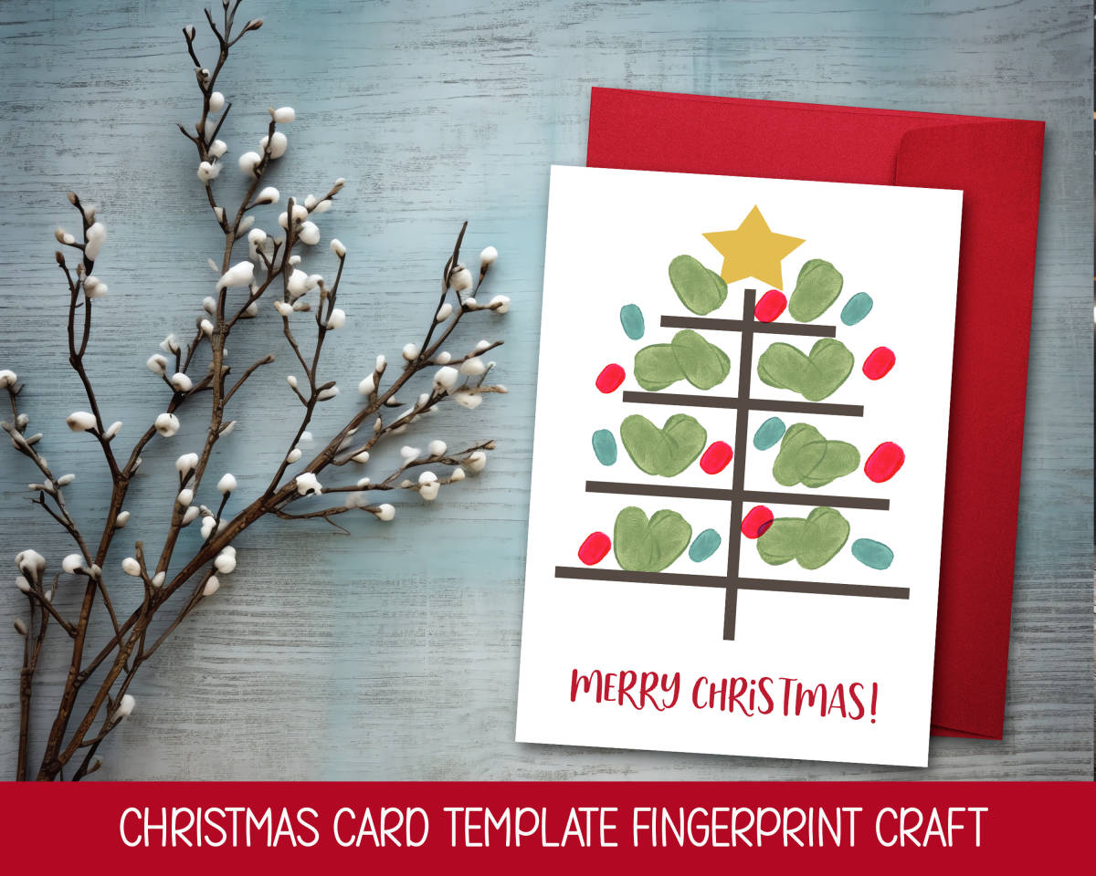 An educational teaching resource from Forever June Digital Design entitled DIY Christmas Card Template for Kids, Holiday Tree Fingerprint Craft downloadable at Teach Simple.