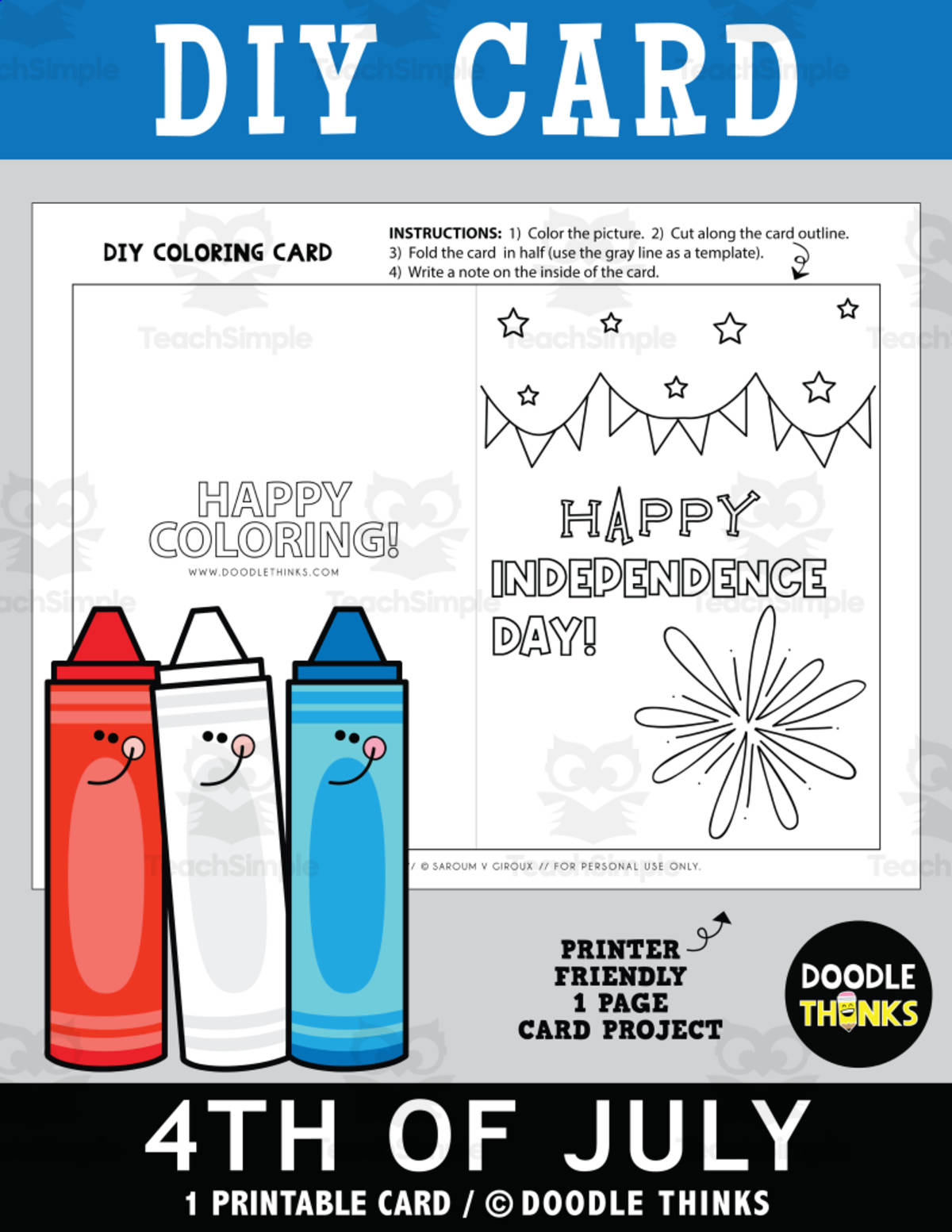 An educational teaching resource from Doodle Thinks entitled DIY Fourth of July Greeting Card Paper Craft Project downloadable at Teach Simple.